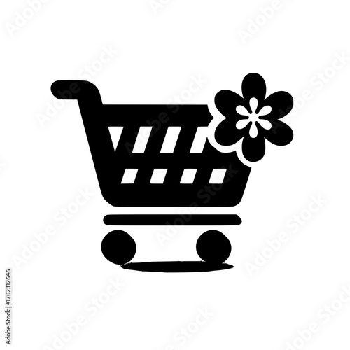 Online shopping cart with flower icon for floral marketplace and digital retail business