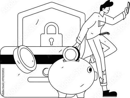Dynamic businessman secures finances with smartphone and piggy bank, symbolizing secure digital banking and smart investment strategies for modern financial growth