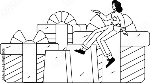 Joyful person enjoying a mountain of gifts, symbolizing celebration, success, and abundant opportunities for holidays or special occasions