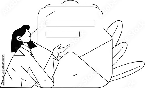 Woman receives important digital message with notification icons, conveying communication success and modern connectivity for business professionals.