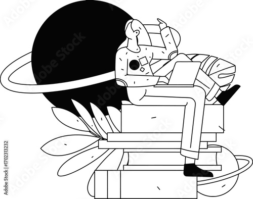 Creative thinker deep in thought, using laptop on stack of books, surrounded by abstract cosmic elements, symbolizing knowledge and innovation