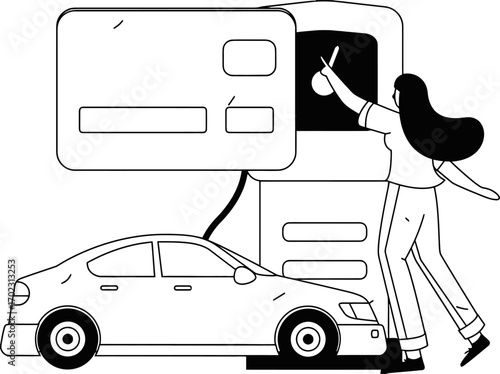 Woman paying for car fuel at modern gas station with credit card for seamless travel and convenient refueling experiences