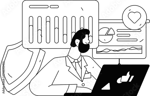 Professional analyst confidently managing data insights and financial reports on laptop, showcasing growth and success with modern dashboard elements