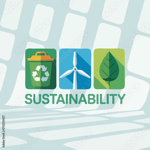 Sustainability concept design featuring recycling, wind energy, and nature elements on a graphic background