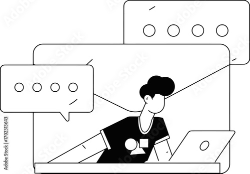 Engaged young person collaborating online with laptop and chat bubbles, representing modern communication and digital interaction for business and learning