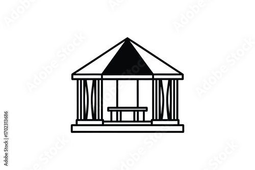 a gazebo with columns and triangular roof silhouette