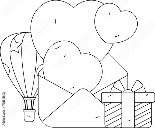 Whimsical hearts emerge from an open envelope alongside a festive hot air balloon and gift box, perfect for expressing love and celebration