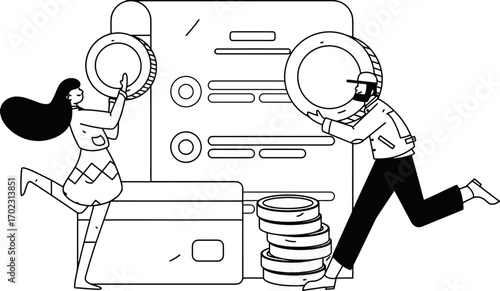 Dynamic duo actively managing finances stacking coins and credit card for smart money management and financial growth success