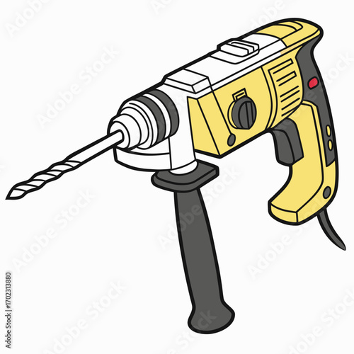 Yellow Rotary Hammer Drill Illustration – Heavy Duty Power Tool Vector for Construction, Demolition, Building, DIY Projects, and Industrial Equipment Design