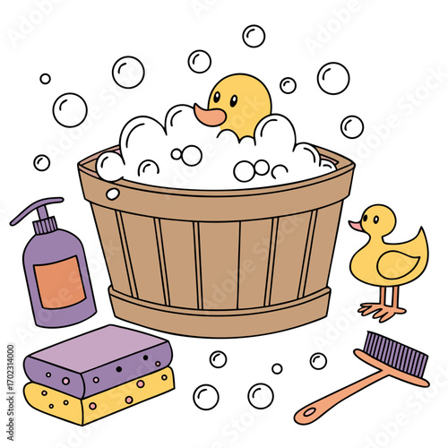 Bath Time with Rubber Duck – Cute Illustration with Bubbles, Soap, Sponge, Brush, and Tub for Baby Bath Theme