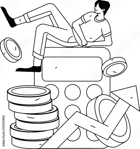 Man confidently relaxing atop calculator surrounded by rising coins and upward growth arrow signifying financial success and investment strategy planning