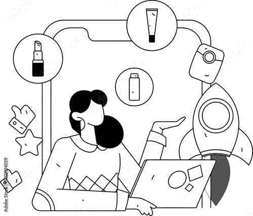 Innovative entrepreneur launching beauty products with AI assistance and digital marketing tools for business growth and customer engagement