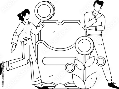 Dynamic duo strategizing financial growth and investment opportunities with magnifying glass and coin, symbolizing smart money management and business expansion