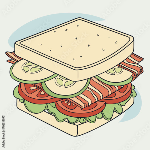 Isometric sandwich illustration with bacon tomato cucumber and lettuce for food blog and recipe website use