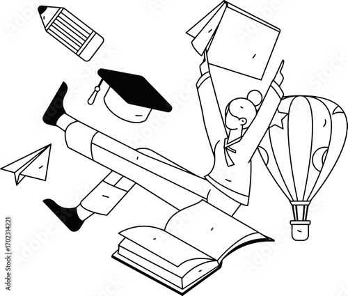 Excited student celebrating learning and adventure with books, graduation cap, and hot air balloon floating into bright future possibilities