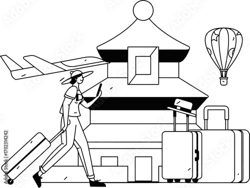 Excited traveler navigates a new destination with luggage, plane, and hot air balloon overhead, anticipating adventure and discovery.