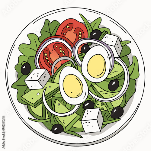 Delicious greek salad recipe with fresh tomatoes olives feta cheese and hard boiled eggs for healthy eating
