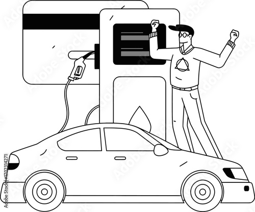 Excited person celebrating easy payment success while refueling car at modern gas station with credit card convenience