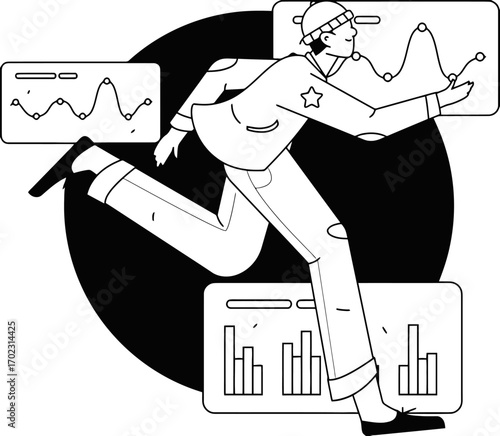 Dynamic business professional sprinting towards financial growth, analyzing vibrant charts and data for success in a fast-paced modern world, capturing market trends with energy and foresight