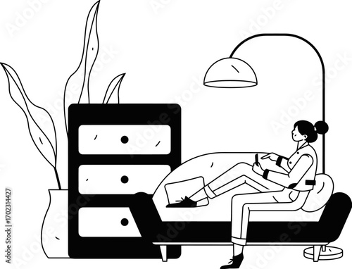 Relaxed woman in stylish attire chilling on a modern sofa browsing her smartphone and laptop, embodying modern comfort and digital connection, perfect for lifestyle and technology themes.