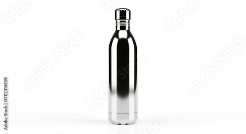 Stainless Steel Water Bottle Shiny Metal Thermos with Reflective Surface on White Background