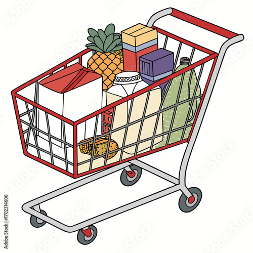 Shopping cart overflowing with fresh groceries ready for a healthy meal preparation at home