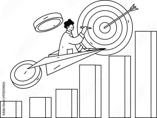 Ambitious entrepreneur soaring on paper plane towards success target, symbolizing growth, achievement, and financial goals amidst rising bar charts