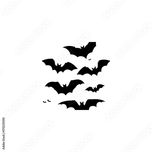 Halloween bat set in silhouette style. Hanging and flying cartoon bats with scary and cute elements.