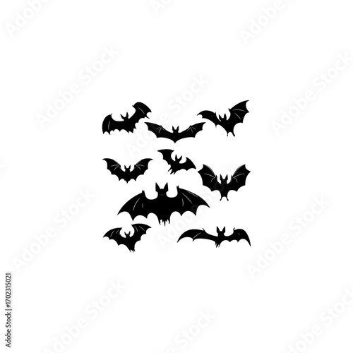 Halloween bat set in silhouette style. Hanging and flying cartoon bats with scary and cute elements.
