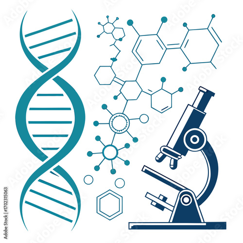 Scientific DNA strand and microscope illustrating research, medical, and biology concepts for education.
