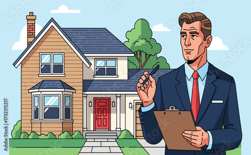 Real Estate Agent Inspecting House with Clipboard and Pen Outdoors
