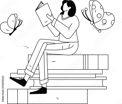 Serene woman finds joy and knowledge engrossed in a captivating book surrounded by delicate butterflies and lush foliage, a perfect scene for learning and imagination