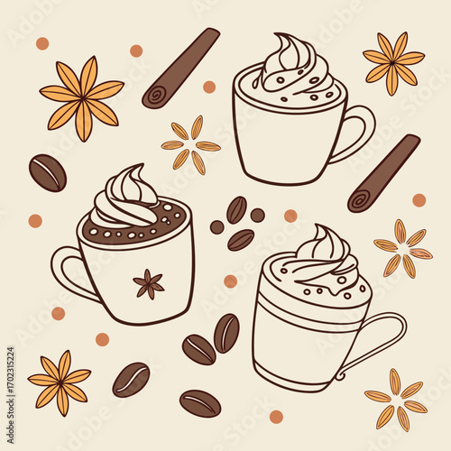 Coffee Cup with Cinnamon, Star Anise, and Coffee Beans Illustration