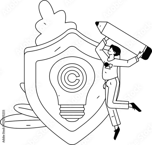 Creative professional protecting intellectual property with a giant pencil and illuminated copyright symbol inside a secure shield, celebrating innovation and ideas.