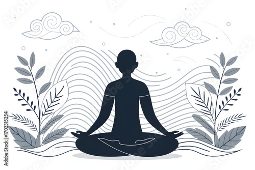 Minimalist Line Art of Person Meditating with Abstract Waves and Plants