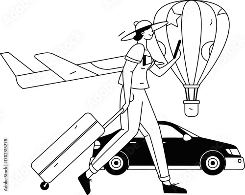 Excited traveler navigates diverse transportation options including car, airplane, and hot air balloon, embracing modern adventure and global exploration with a smartphone in hand.
