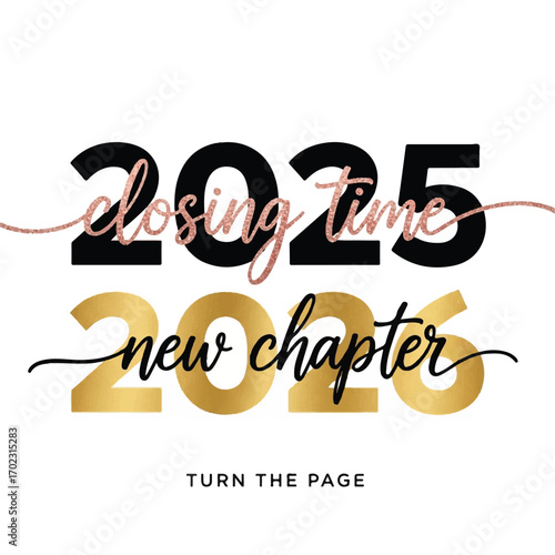A graphic design featuring the transition from 2025 to 2026, symbolizing the end of one chapter and the beginning of a new one with the phrase 'Turn the Page'.