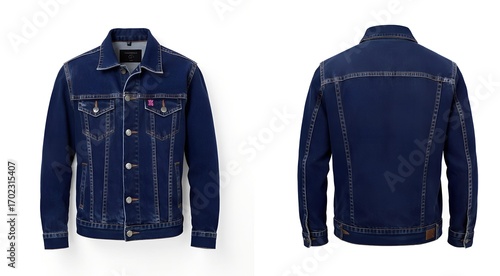 Dark Blue Denim Jean Jacket Front and Back View Isolated.