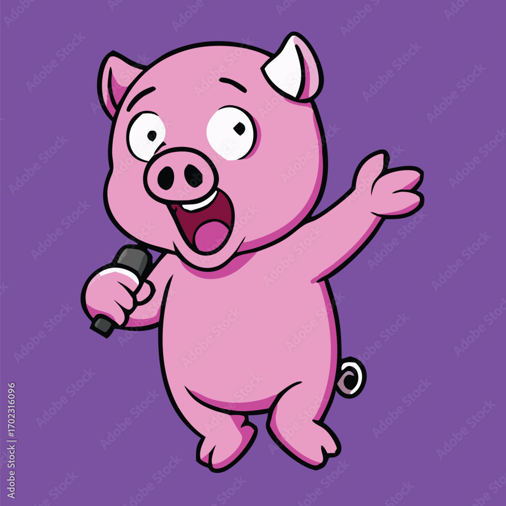 Naklejka premium Cheerful pink cartoon pig sings joyfully, holding microphone against vibrant purple background