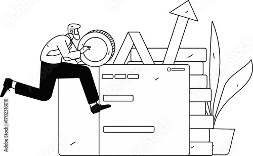 Dynamic business growth visualized with a determined entrepreneur pushing a coin towards a rising arrow chart and digital interface, symbolizing financial success and innovation.