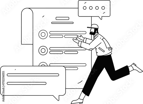 Dynamic entrepreneur rushes to complete tasks on a large digital list, communicating ideas through chat bubbles, symbolizing productivity and progress in business