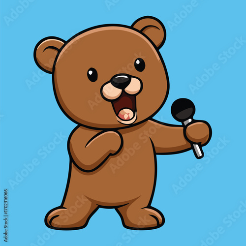 Cheerful teddy bear confidently sings into the microphone against a light blue background