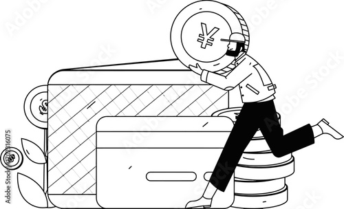Dynamic entrepreneur hustling to stack Yen coins and secure financial growth with large credit cards representing investment opportunities