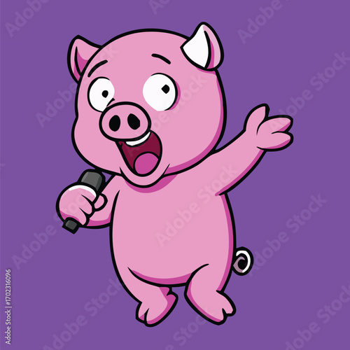 Cheerful pink cartoon pig sings joyfully, holding microphone against vibrant purple background