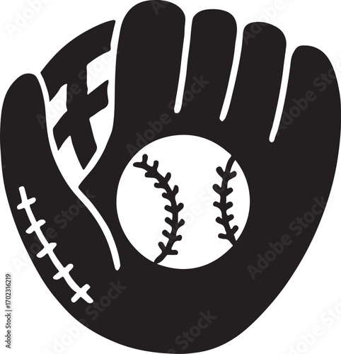 Baseball glove with ball silhouette, sports vector perfect for game, training, and athletic use.