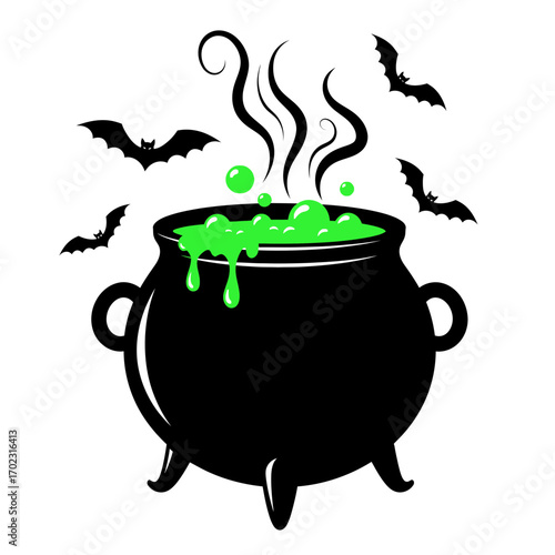 Spooky Halloween Cauldron Brewing Potion with Bats in Dark Atmosphere
