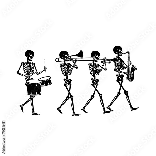 Musical Performance Featuring Drummer, Trumpeter, and Saxophonist in a Playful Halloween Scene
