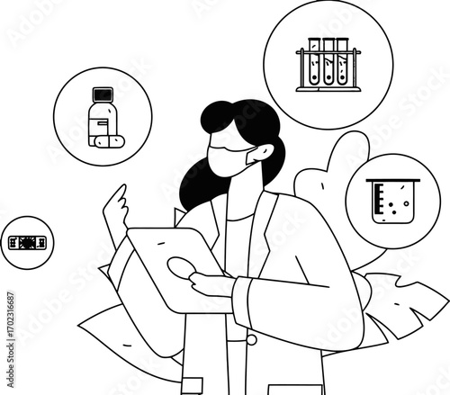 Modern doctor analyzes medical data on tablet, visualizing research and treatment options with test tubes, pills and bandages, offering a fresh perspective on healthcare innovation