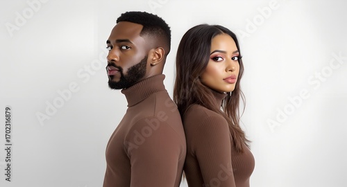 Stylish Black couple in matching brown turtlenecks posing back to back.