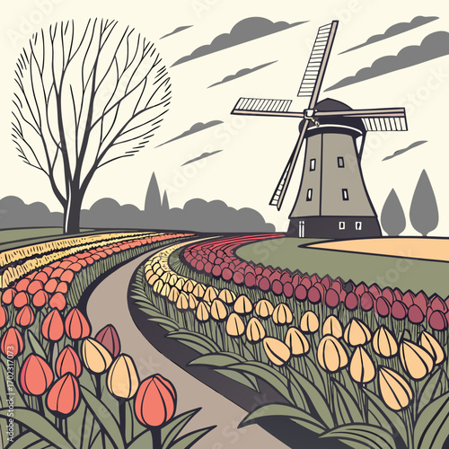 Charming dutch windmill with a vibrant tulip garden in the foreground showcasing traditional european landscape scenery